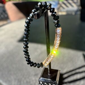 Rhinestone Crystal Bar on Black Faceted Bead Stretch Bracelet
